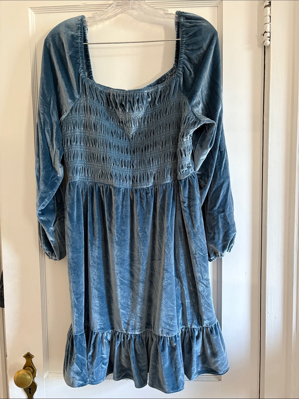 LC Lauren Conrad Dusty Blue Velvet Smocked Mini Dress